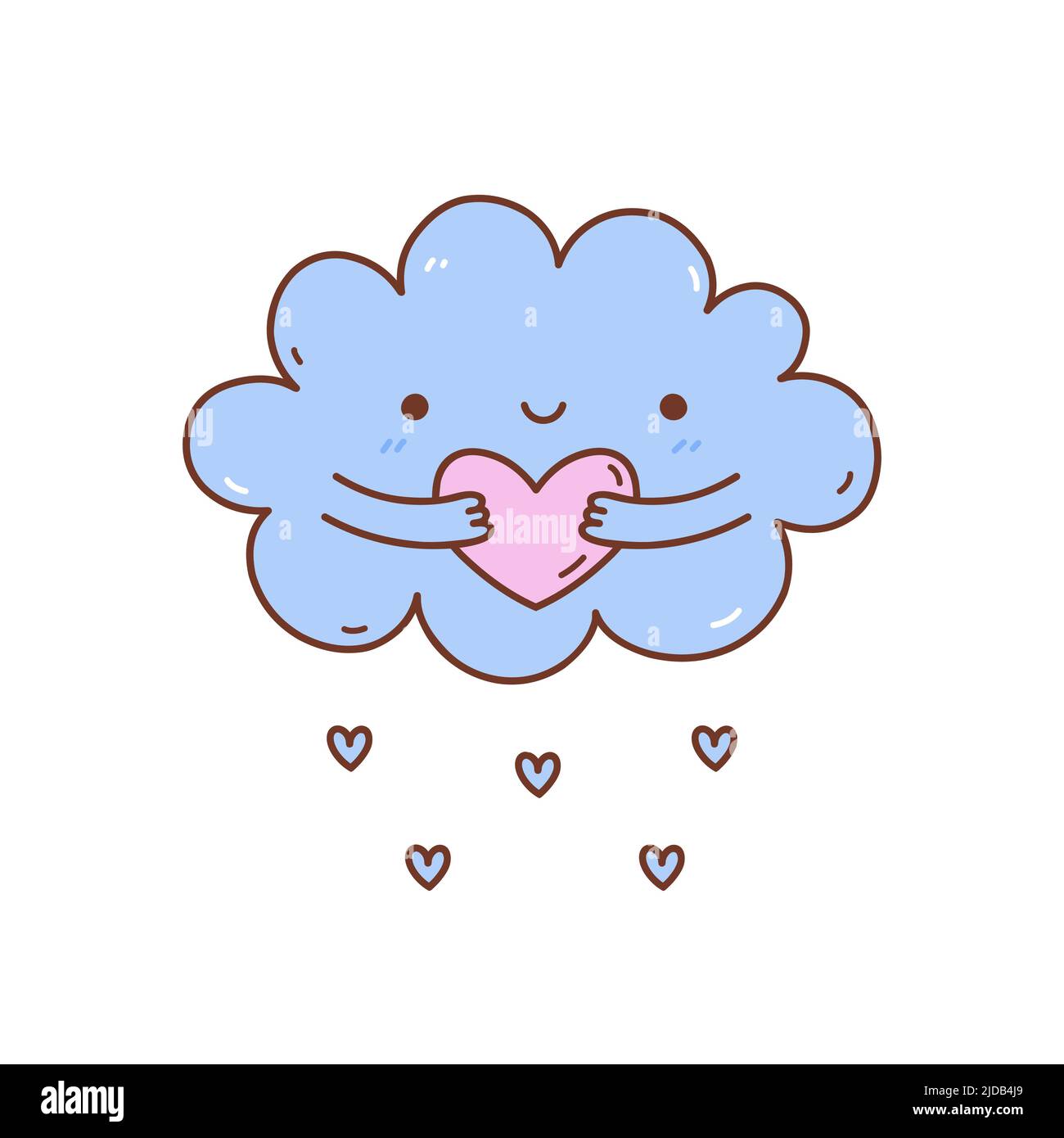 Nette Wolke umarmt ein Herz isoliert auf weißem Hintergrund. Vektor-handgezeichnete Illustration im Kawaii-Stil. Perfekt für Karten, Druck, T-Shirt, Poster, Kinderzimmer-Dekor, Logo. Zeichentrickfigur. Stock Vektor