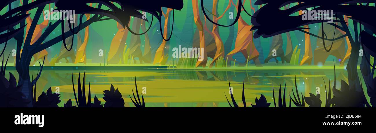 Sumpf mit grünem Wasser im tiefen Wald. Naturlandschaft mit Sumpf im Wald. Panorama-Spiel Hintergrund, Fantasy-Szene mit Lianen auf Bäumen, wilden Teich mit Ooze bedeckt, Cartoon-Vektor-Illustration Stock Vektor