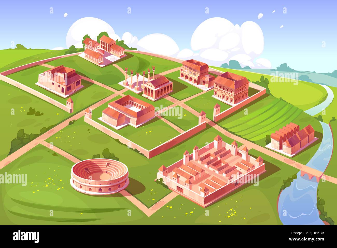 Rom isometrische Landschaft mit antiken Gebäude Vektor Cartoon-Spiel Hintergrund. Capitol Tempel und Basilika mit Platz, römisches Forum, Taberna und Insula, Castra alten Militärlager, Fluss mit Brücke Stock Vektor