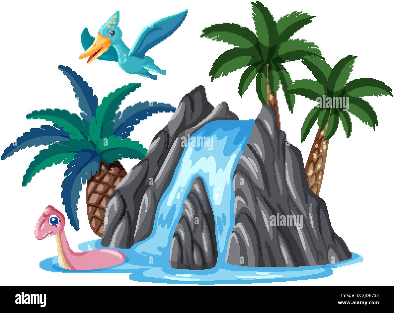 Wasserfall mit Dinosaurier in Cartoon-Stil Illustration Stock Vektor