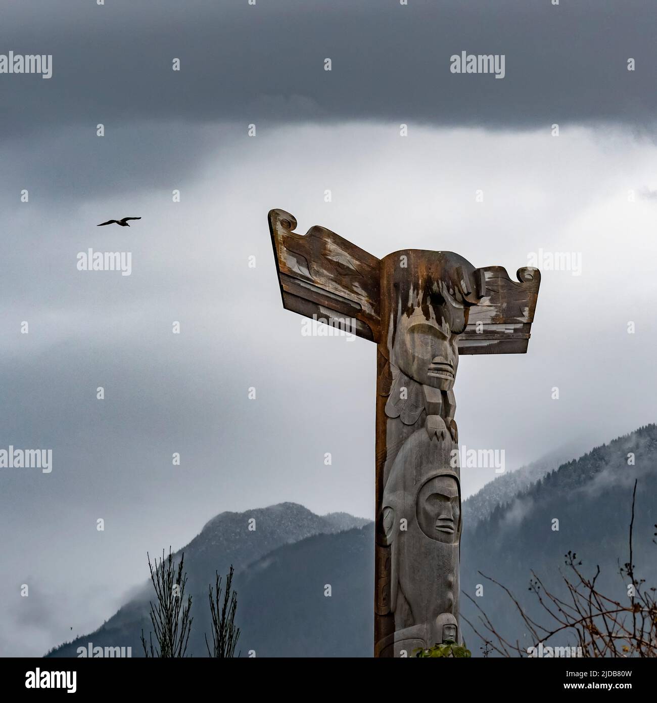 Totempfahl, eine Art Kunst der Nordwestküste, mit bedecktem Himmel, gemäßigtem Regenwald und Bergkette im Hintergrund Stockfoto