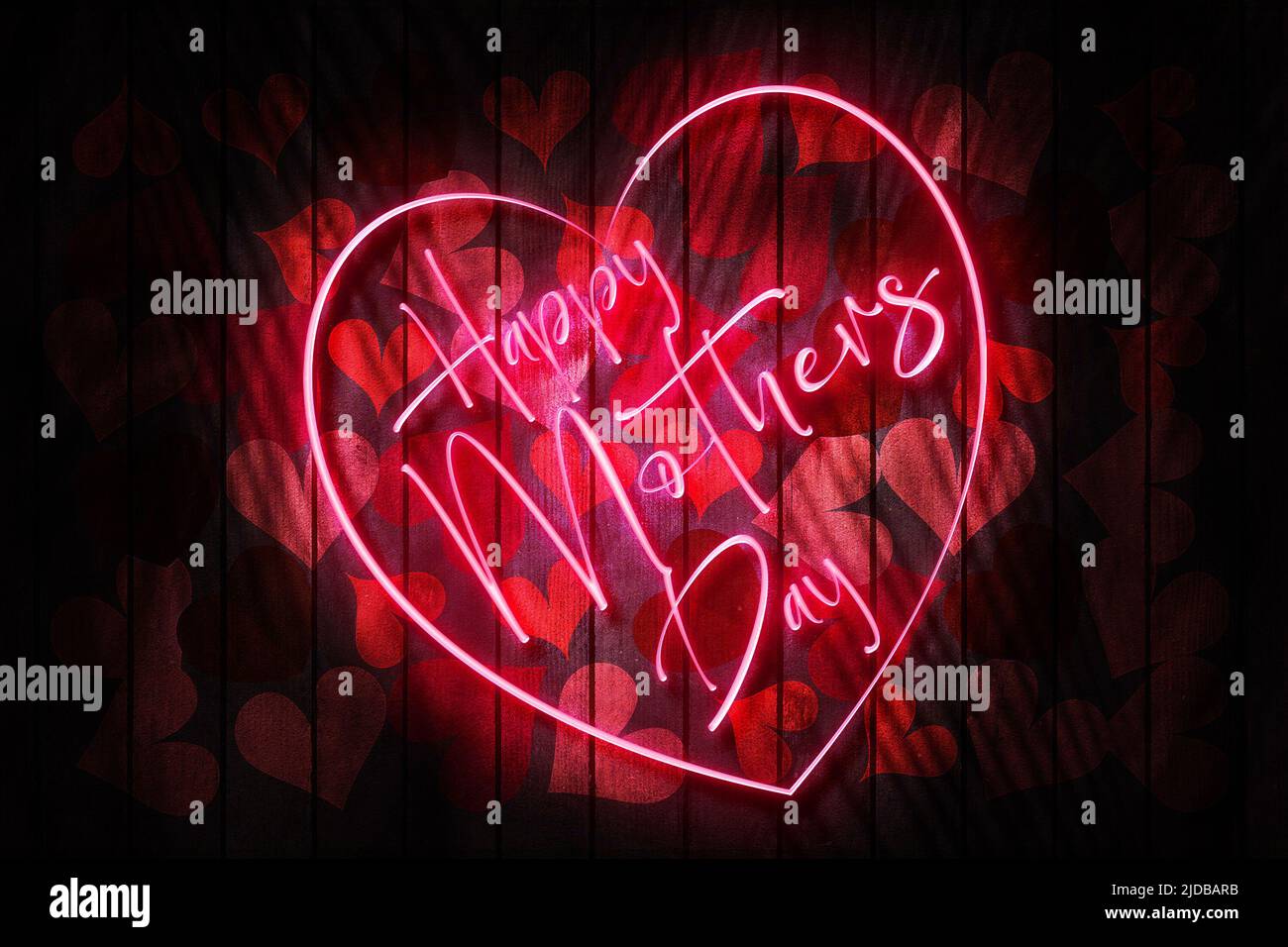 Happy Mothers Day Pink Neon Zeichen und Herz auf einem dunklen Herzen verziert Holzwand 3D Illustration Stockfoto