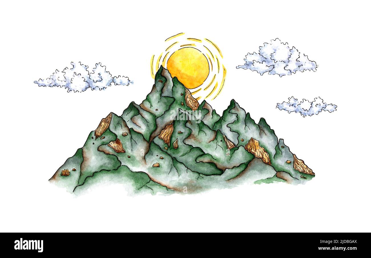 Aquarell-Illustration des Sonnenaufgangs in den Bergen mit Wolken. Berglandschaft. Für die Gestaltung von Design-Kompositionen zum Thema Tourismus, hallo Stockfoto