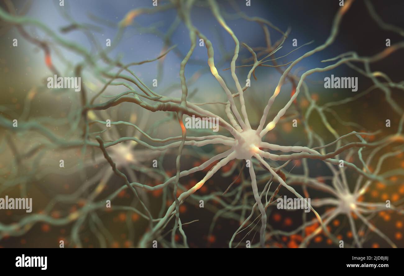 Neuronale Netze 3D Abbildung. Elektrische Impulse im menschlichen Gehirn Stockfoto