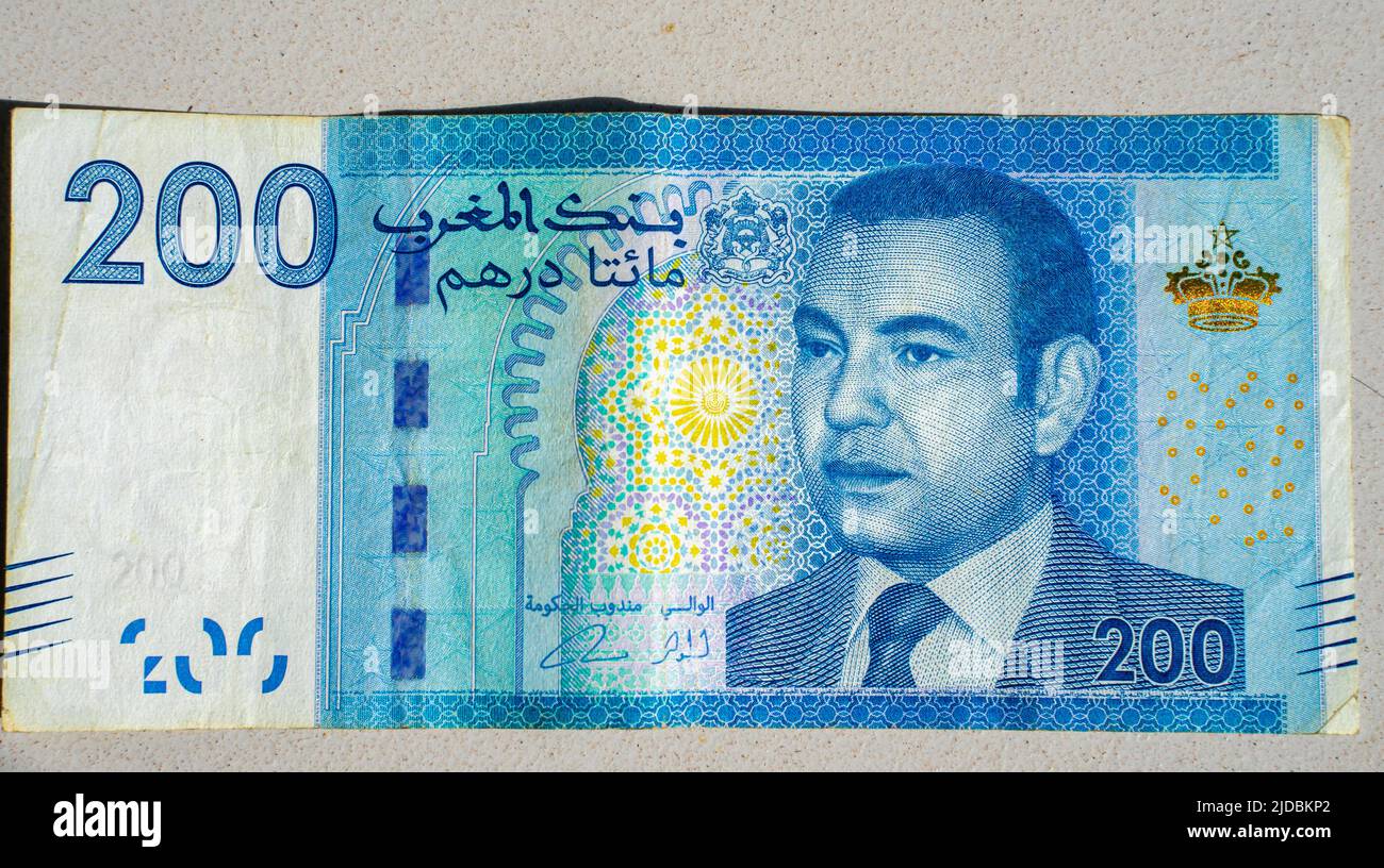 200 marokkanische DirhamBanknote, abgenutzt. Porträt von König