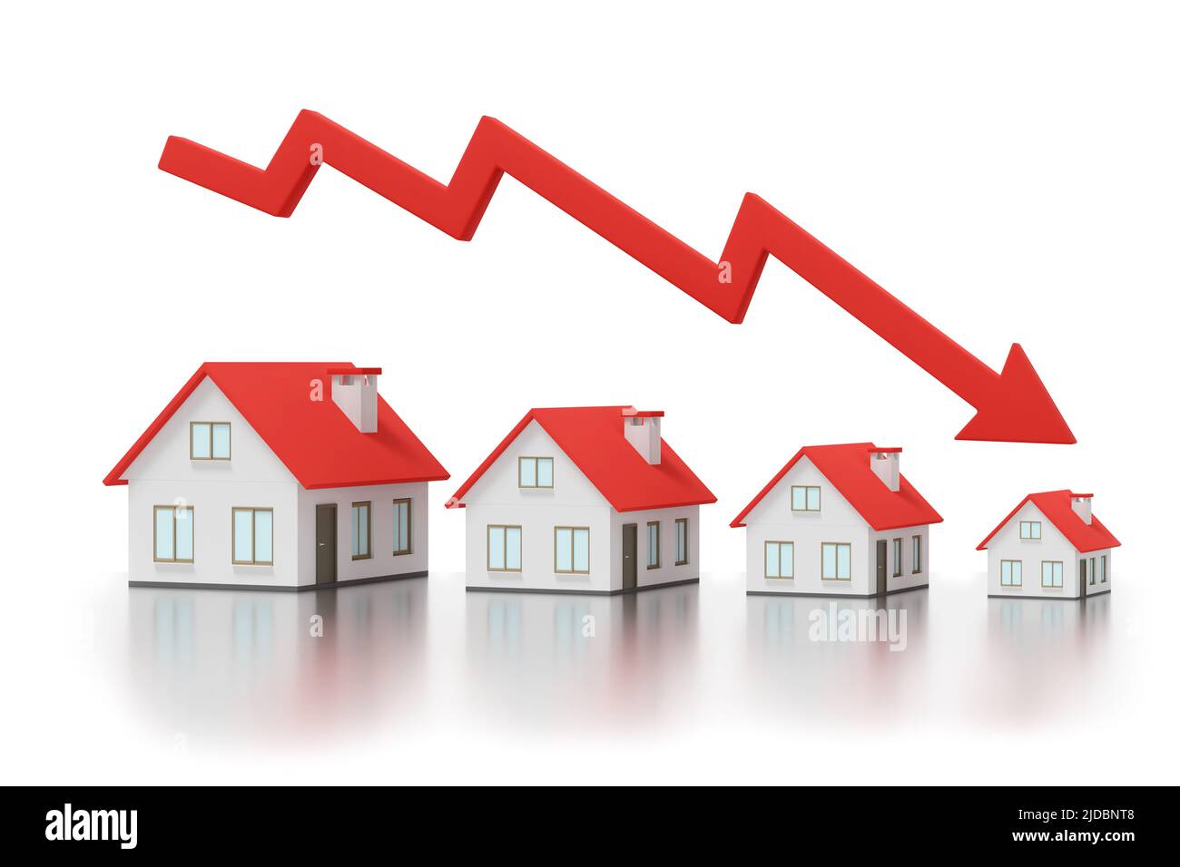 Konzept der sinkenden Hauspreise. Sinkende Immobilienpreise Grafik roter Pfeil - 3D Rendering Stockfoto