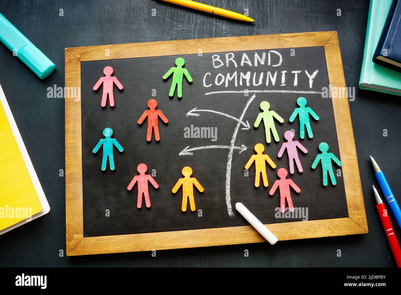 Brand Community-Konzept. Tafel mit farbigen Figuren. Stockfoto