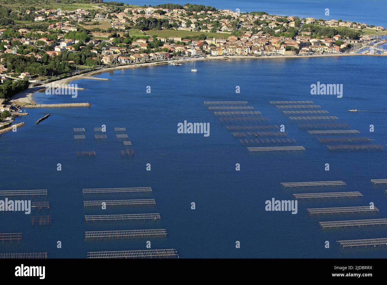 Frankreich, Hérault, Bouzigues, die mediterrane Hafenstadt, gelegen am Ufer des Etang de Thau mit seinen Parks hat Muscheln, (Luftaufnahme) Stockfoto