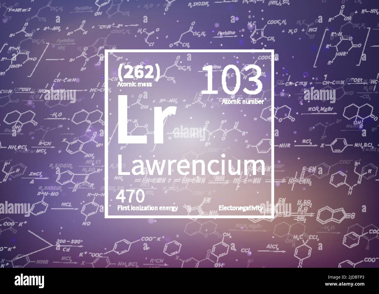 Lawrencium chemisches Element mit erster Ionisationsenergie, atomarer Masse und Elektronegativität auf wissenschaftlichem Hintergrund Stock Vektor