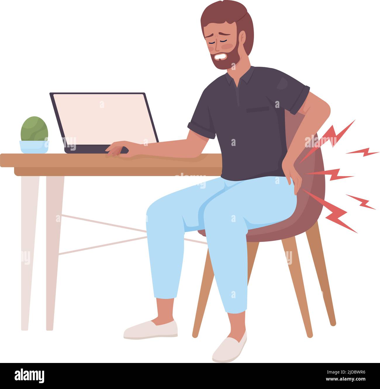 Bärtiger Mann mit eingeklemmten Nerven im semi-flachen Farbvektor-Charakter des unteren Rückens Stock Vektor