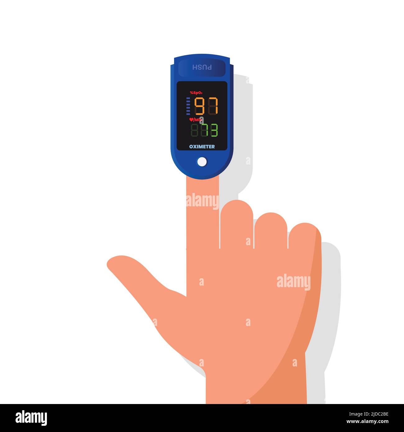Pulsoximeter am Finger. Messung von Puls und Sättigung des Blutes mit Sauerstoff. Vektorgrafik Stock Vektor