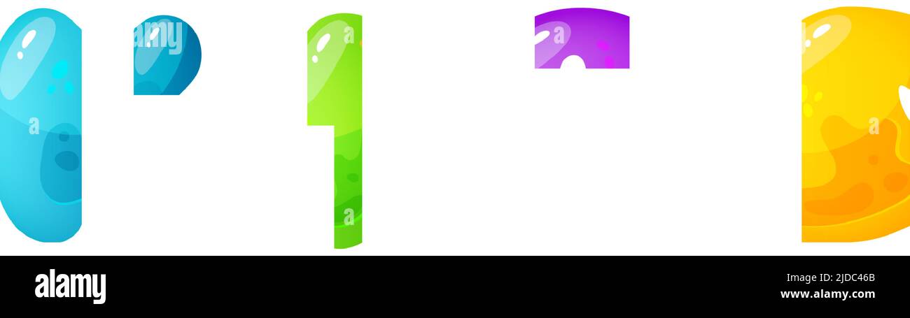 Gelee bunte Alphabete, Comic-Alphabet für Kinder. Jelly Bright Font. Kindliche Art für Veranstaltungen, Aktionen. Stock Vektor