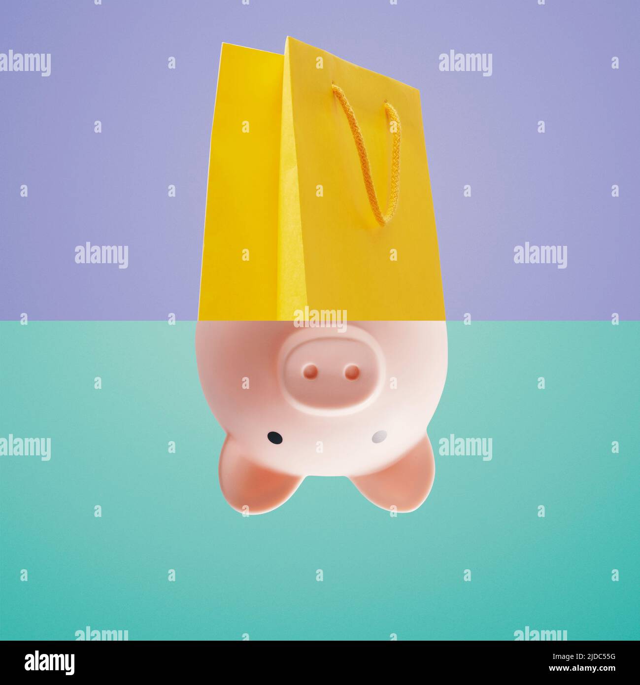 Einkaufstasche und Sparschwein, Geld sparen und günstig einkaufen Stockfoto