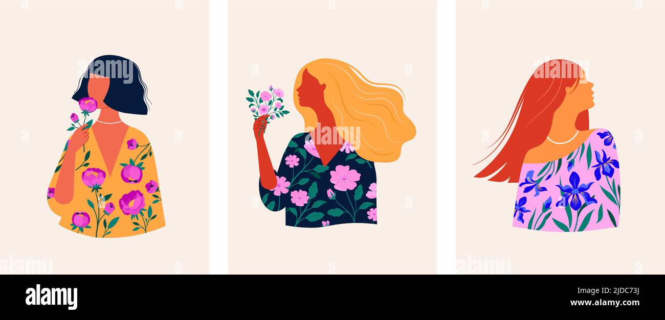 Feminine Mode Konzept Illustration, schöne Frauen tragen Kleider mit Blumenmustern, botanische Zeichnungen. Karten, Drucke und Posterdesigns. Stock Vektor