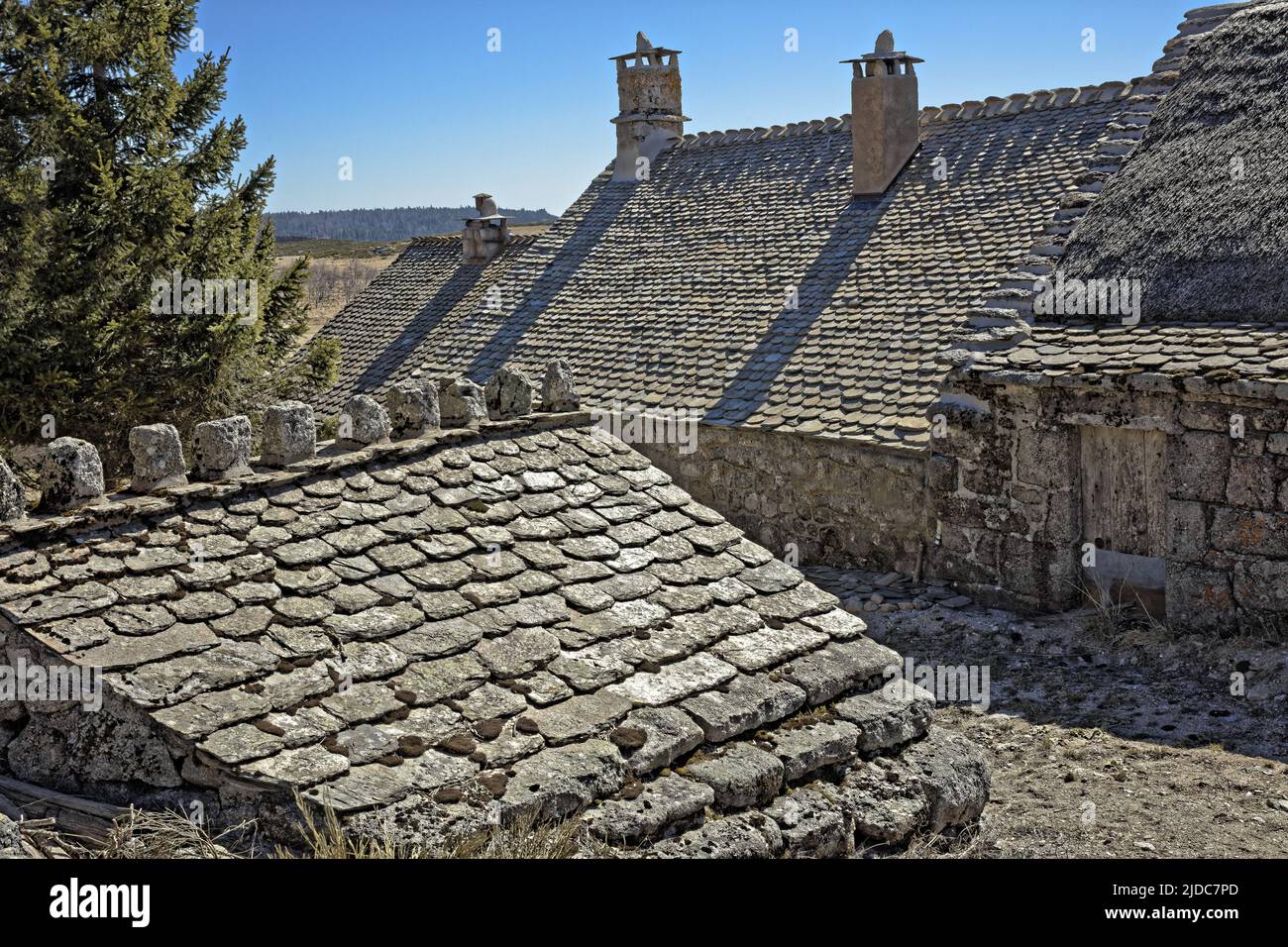 Frankreich, Lozère Mont-Lozère, Bauernhöfe mit Schieferdächern, Nationalpark Cevennes Stockfoto