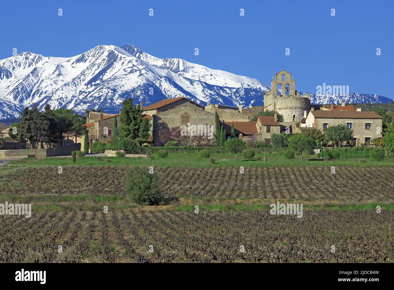 Frankreich, Pyrénées-Orientales Sainte-Colombe-de-la-Commanderie, das Dorf und der Berg Canigou Stockfoto