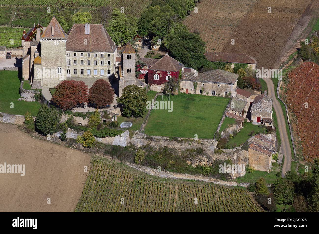 France, Saône-et-Loire Pierreclos, das mittelalterliche Schloss, das als historisches Monument gelistet ist, (Luftaufnahme) Stockfoto