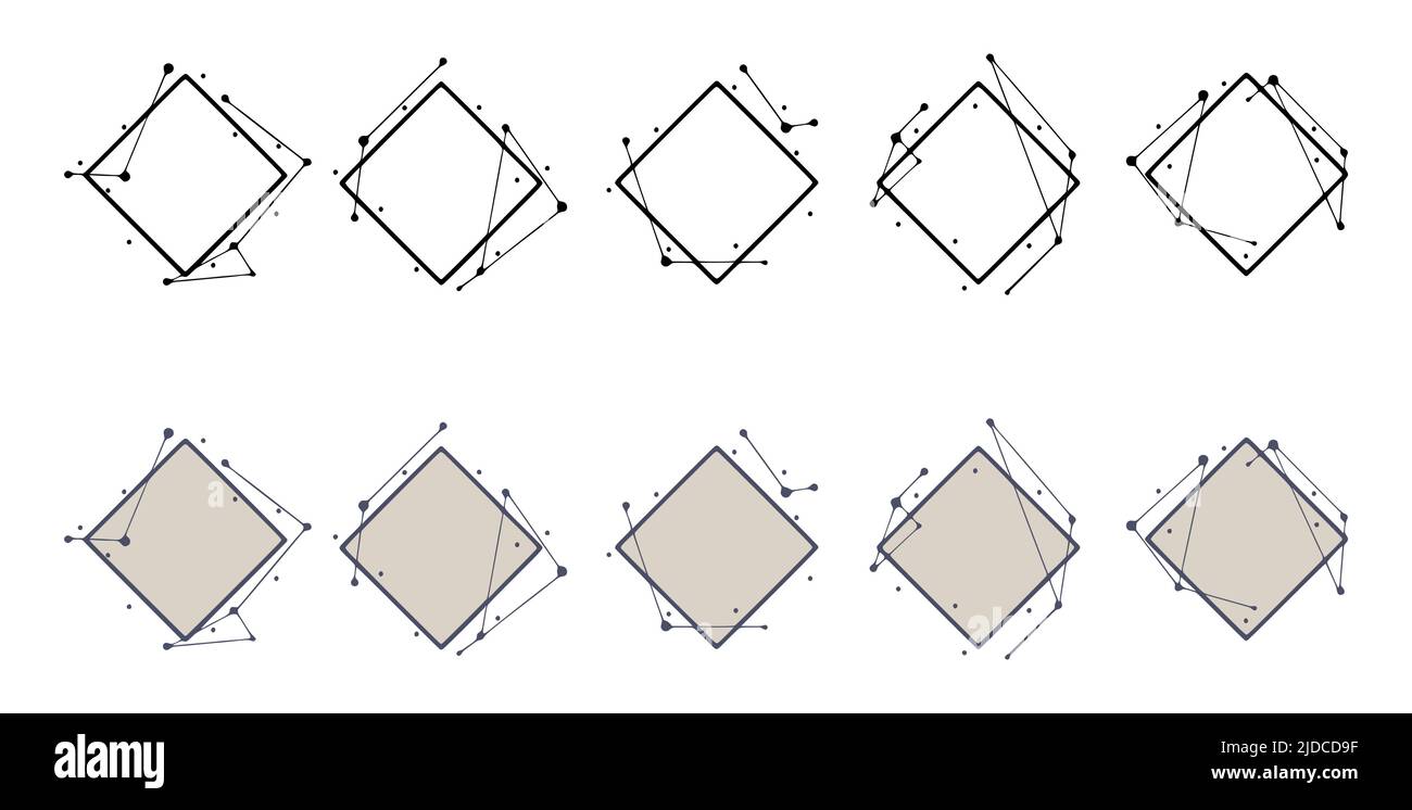 Rhombus geometrische Rahmen in handgezeichneter Form. Abstrakte Vorlagen für Titel oder Inschriften, Satz von Formen aus Linien und Punkten. Stock Vektor