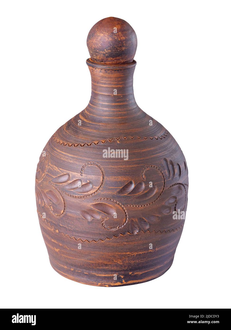 Tonkrug oder Krug aus Keramik mit Kork auf Weiß isoliert Stockfoto