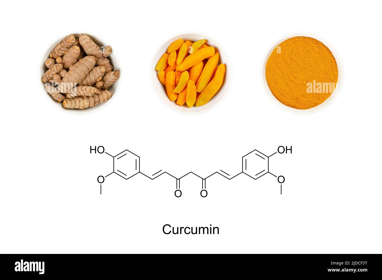 Kurkuma und die chemische Formel von Curcumin. Skelettstruktur des Keto Form des gelben chemischen und wichtigsten Curcuminoid der Kurkuma. Stockfoto