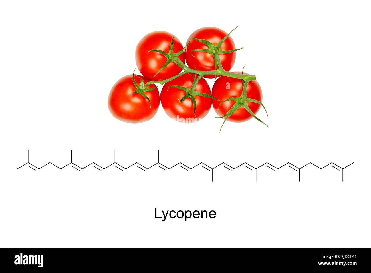 Rispe Tomaten und die chemische Formel und Skelettstruktur von Lycopin, einem leuchtend roten Carotin, verwendet für die Lebensmittelfärbung, E160d. Stockfoto