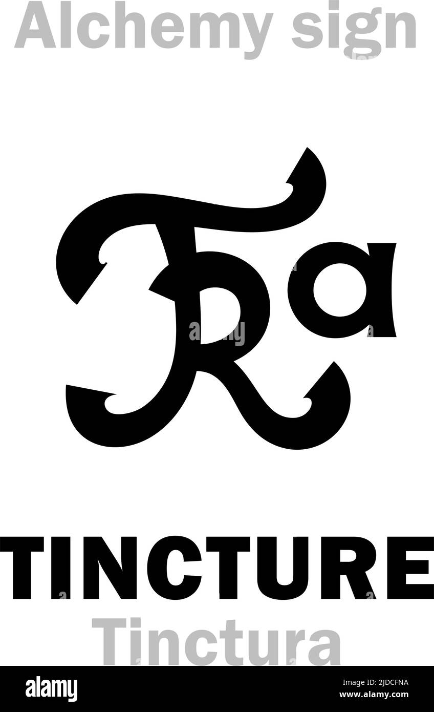 Alchemie Alphabet: TINKTUR – Getränk/Trank, mit Alkohol infundiert. Elixier, Panacea, Rote Tinktur, Mischung, Extrakt, Medizin, Heilmittel, Heilung-Alles. Stock Vektor