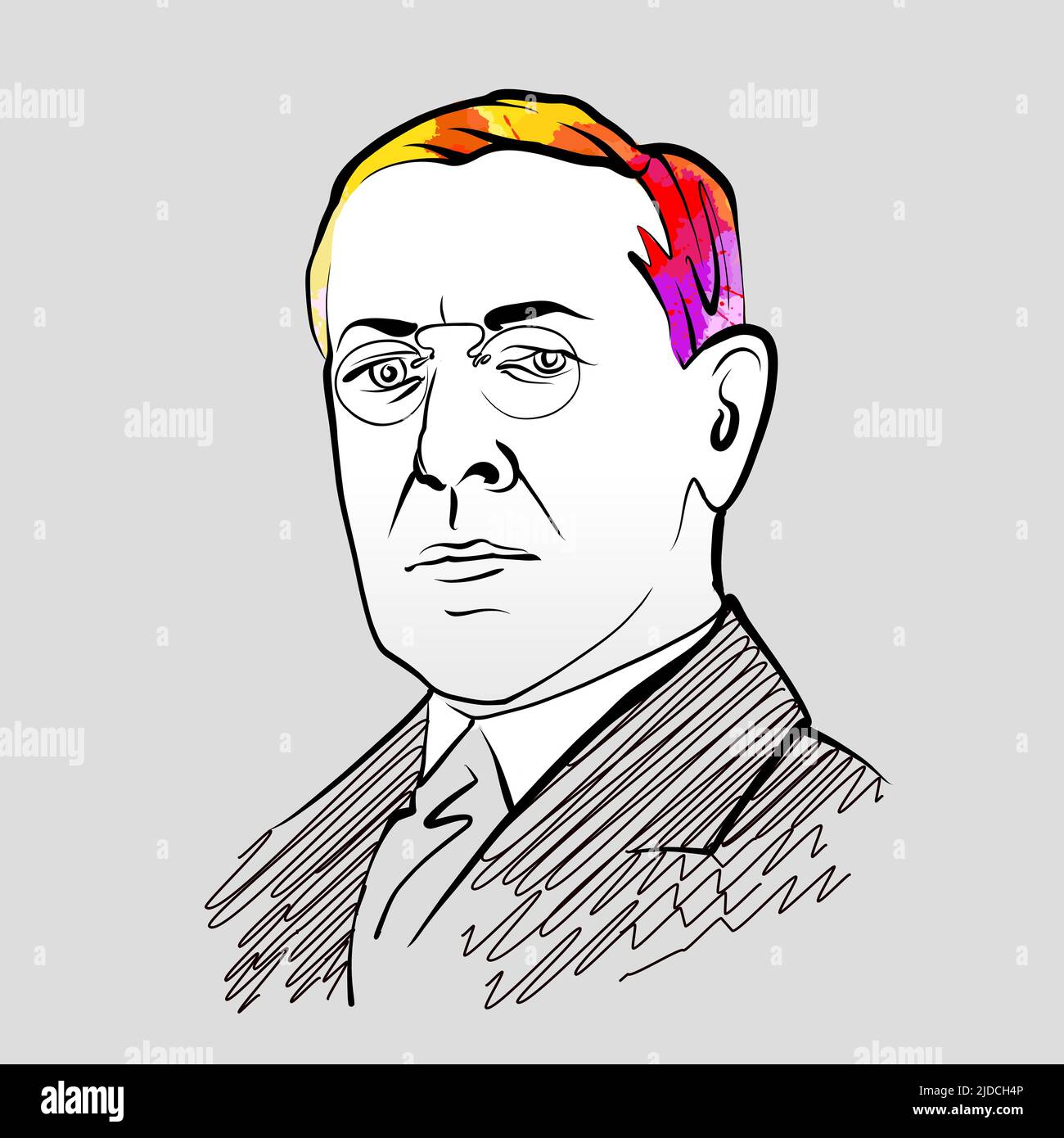 Woodrow Wilson bunte Haar Vektor Zeichnung. Handgezeichnete Umrissskizze. Zeichnung zur Verwendung bei Marketingprojekten und zum Weiterverkauf als Druck. Stock Vektor