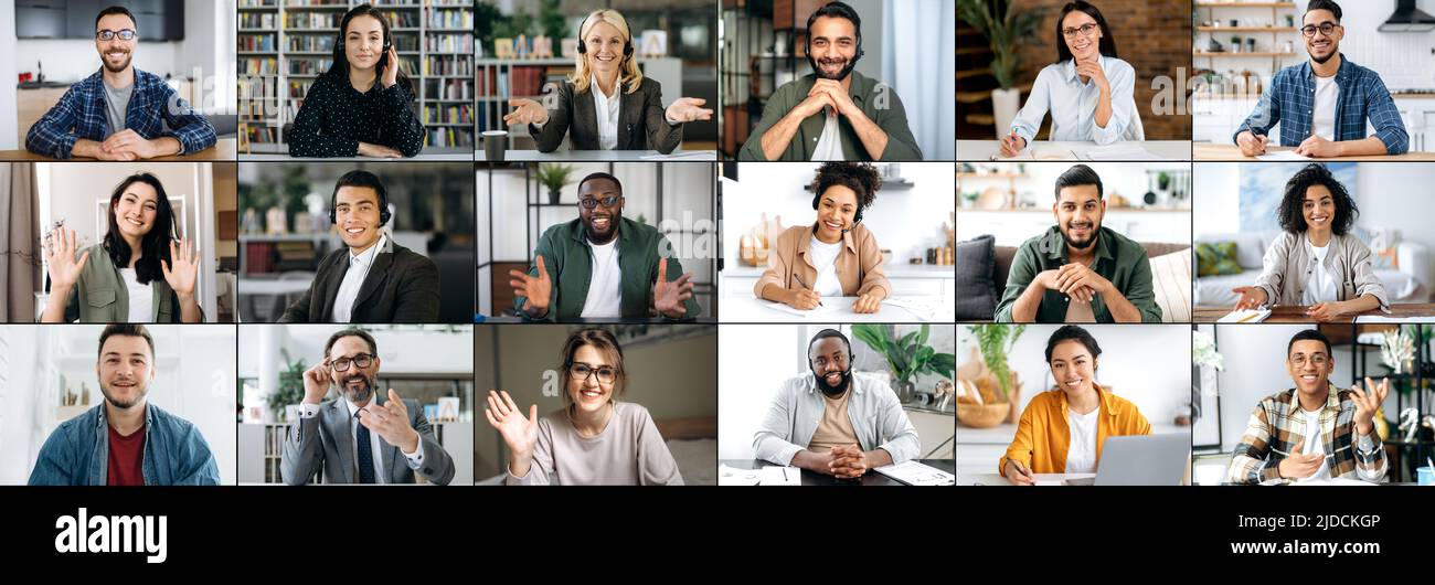 Panorama-Mosaik-Collage aus einer multirassischen Gruppe von erfolgreichen lächelnden Männern und Frauen, unterschiedlichen Alters, die unterschiedliche Emotionen ausdrücken und die Kamera betrachten. Diversity People Konzept. Stockfoto