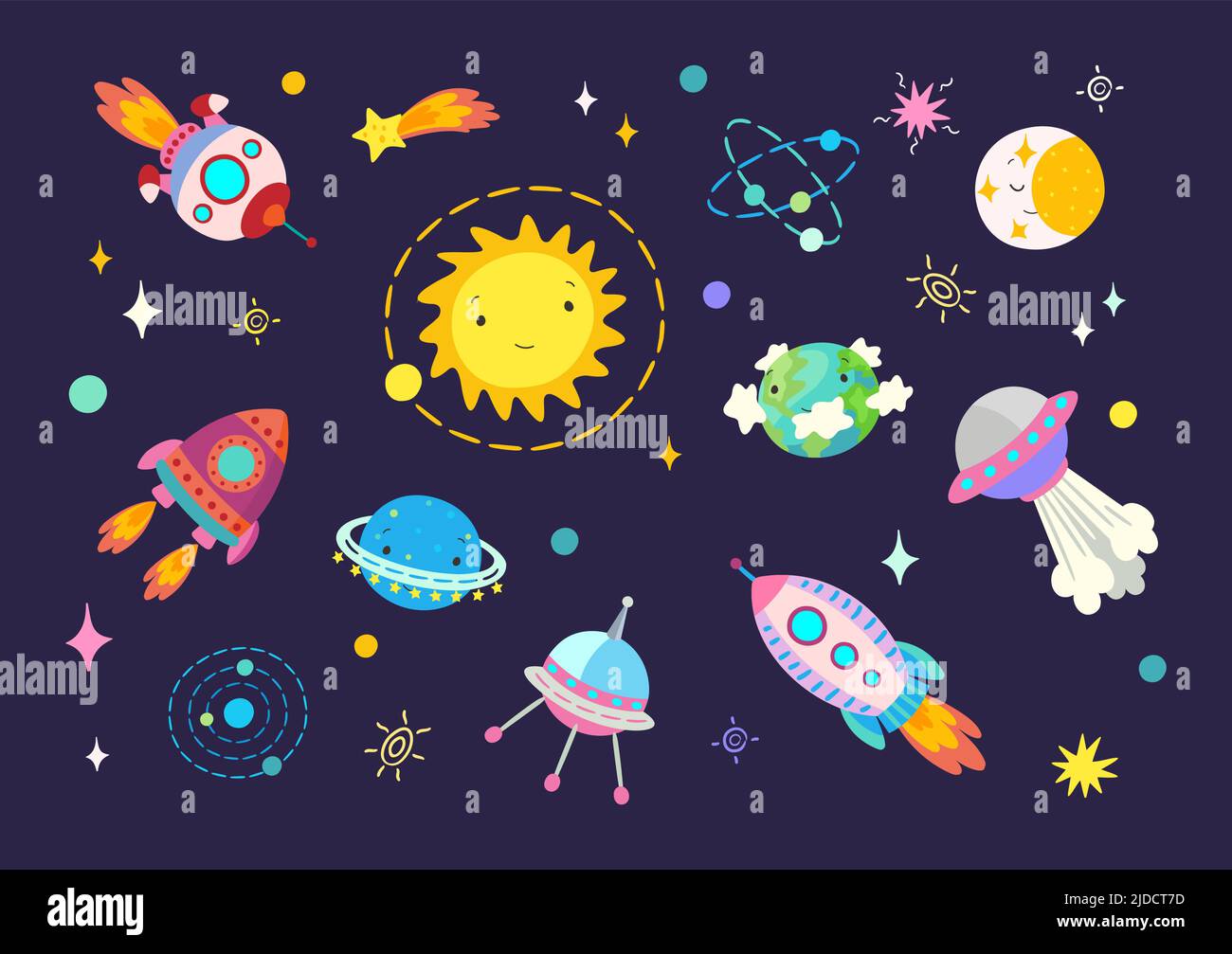 Raumschiff und Planeten. Mond Erde im skandinavischen Cartoon-Stil, Meteorit und Kometen. Rakete, Doodle-Sterne und Sternbilder, Nowaday-Vektor-Gaming Stock Vektor