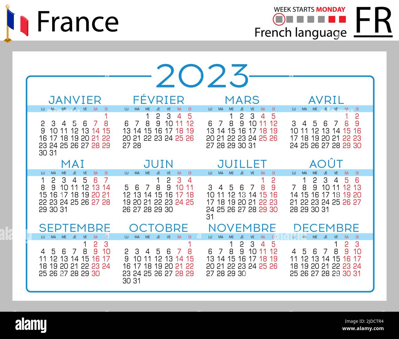 Französischer horizontaler Taschenkalender für 2023 (zweitausend dreiundzwanzig). Die Woche beginnt am Montag. Neues Jahr. Farbe einfaches Design. Vektor Stock Vektor