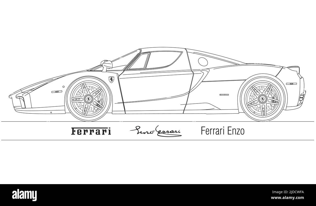 Maranello (Modena) Italien, Jahrgang 2002, Ferrari Enzo Skizzen, Oldtimer-Sportwagen, Illustration Stockfoto