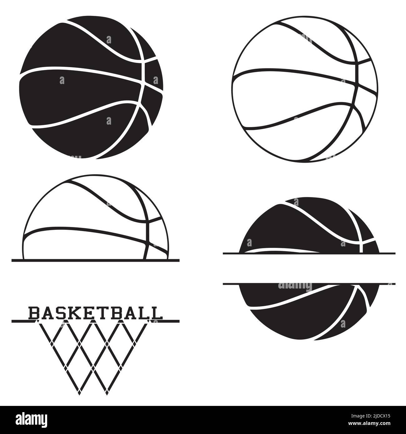 Vektordarstellung von 4 minimalistischen Basketball Cliparts. Basketball-Zeichnung mit Kopierbereich. . Vektorgrafik Stock Vektor
