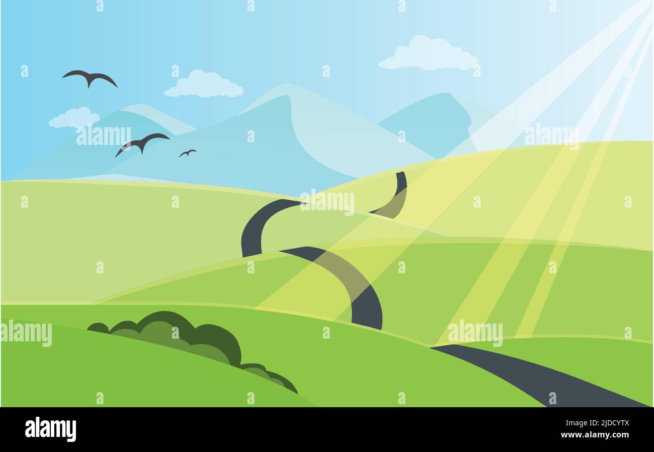 Naturpark oder Wald im Freien Hintergrund mit Bergen und Straße. Stock Vektor