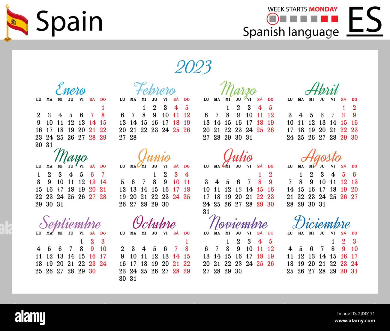 Spanischer horizontaler Taschenkalender für 2023 (zweitausend dreiundzwanzig). Die Woche beginnt am Montag. Neues Jahr. Farbe einfaches Design. Vektor Stock Vektor