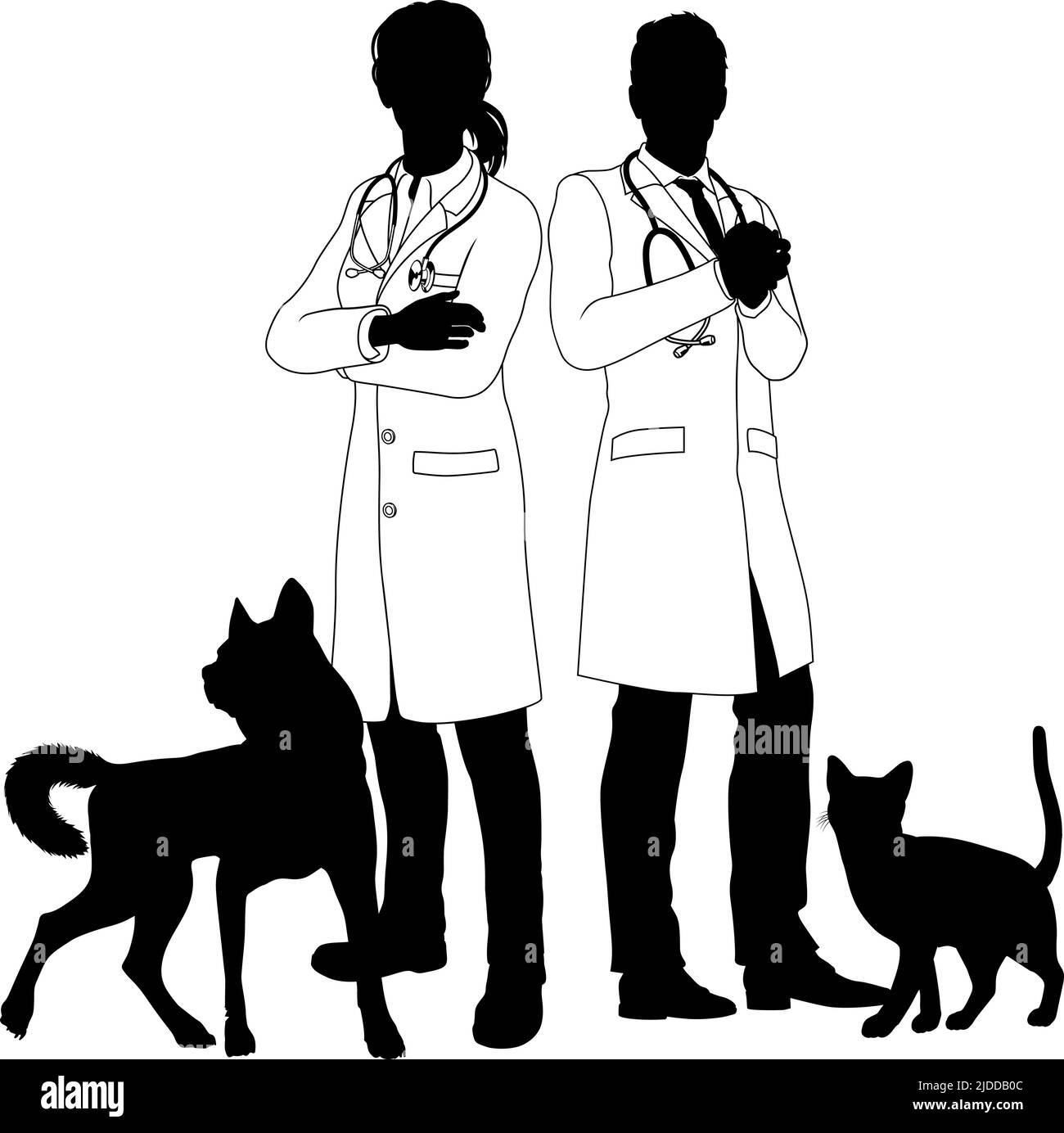 Mann und Frau Vets Hund und Katze Haustiere Silhouette Stock Vektor