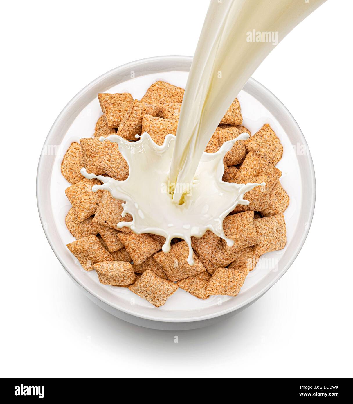 Maispads mit Milch auf weißem Hintergrund isoliert, Draufsicht Stockfoto