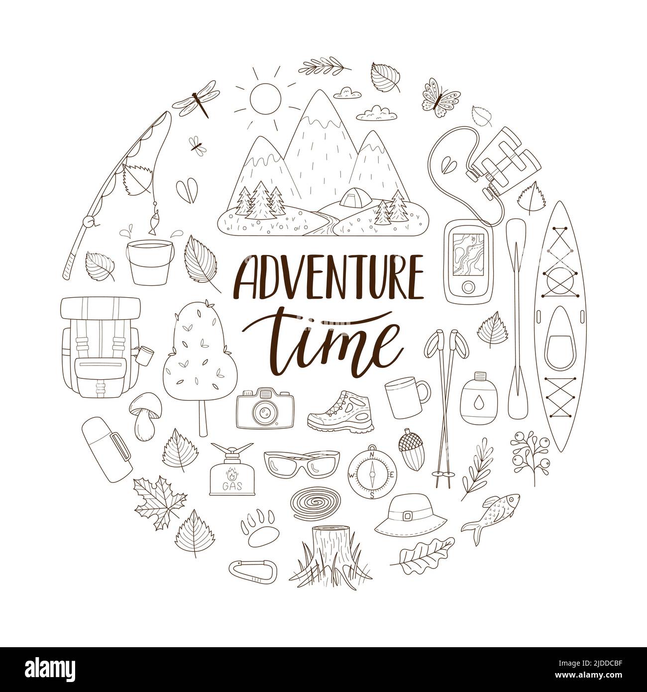 Doodle Set von touristischen Ausrüstung für Camping, Reisen, Picknick, Angeln. Schriftzug Adventure Time. Runde Komposition als Druck auf Kleidung, Karten, Web Stock Vektor