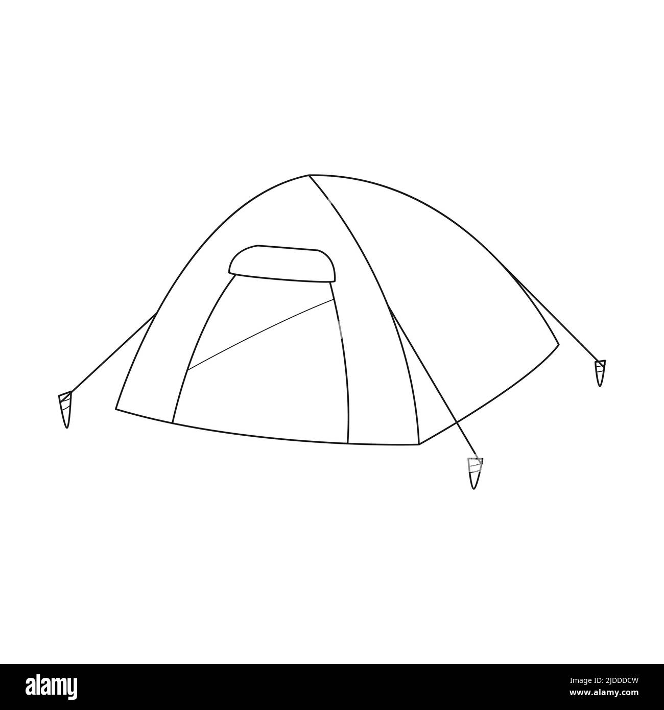 Doodle Camping Zelt. Ausrüstung für Picknicks, Outdoor-Erholung, Reisen, Wandern. Skizzieren Sie die schwarz-weiße Vektorgrafik isoliert auf einem weißen Backgr Stock Vektor