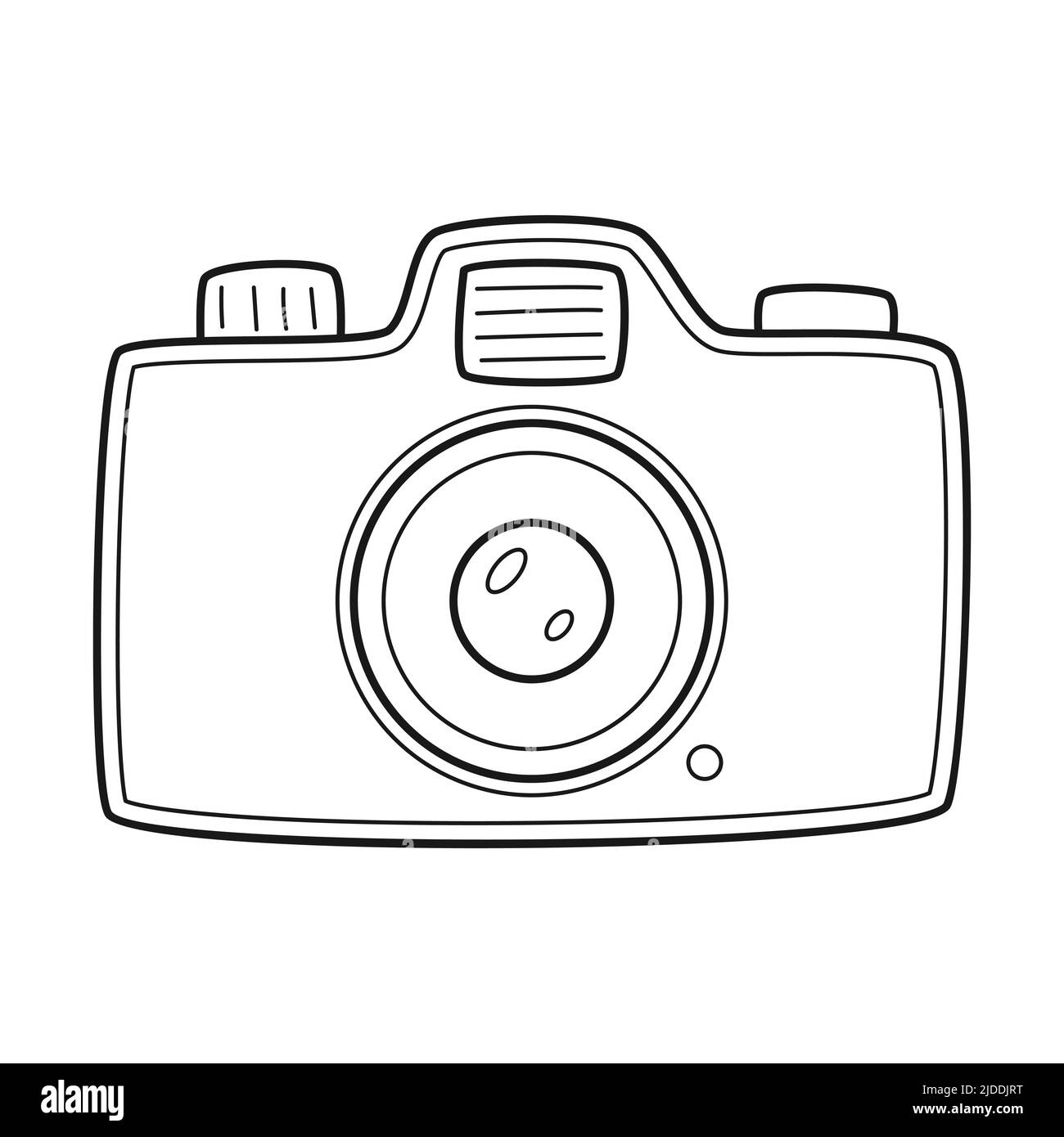Spiegelreflexkamera Doodle. Ein Fotogerät mit Zoom und Blitz. Ein Symbol des Reisens, des Abenteuers. Skizzieren Sie eine auf einem isolierte schwarz-weiße Vektorgrafik Stock Vektor