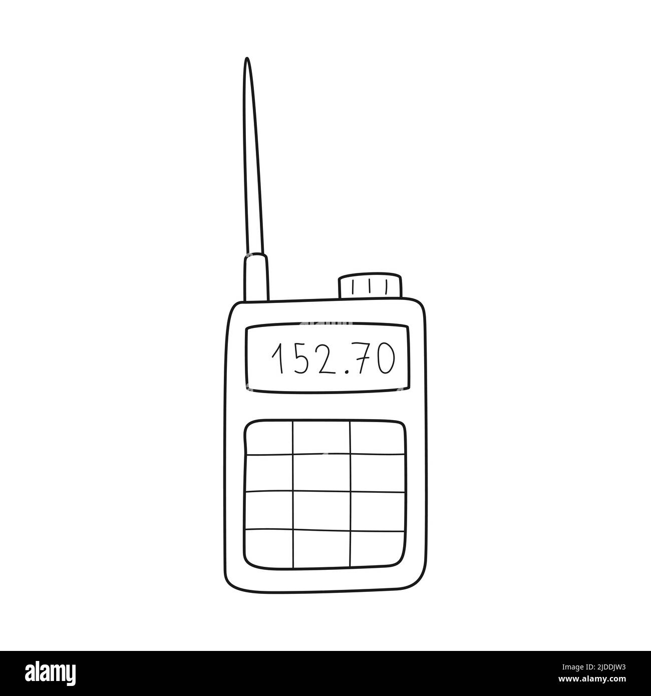 Doodle Walkie-Talkie, ein Gerät für die Fernkommunikation. Radiosender. Ausrüstung für Wandern, Tourismus, Reisen, Urlaub, Auto Rallye. Umrisse schwarz und Stock Vektor