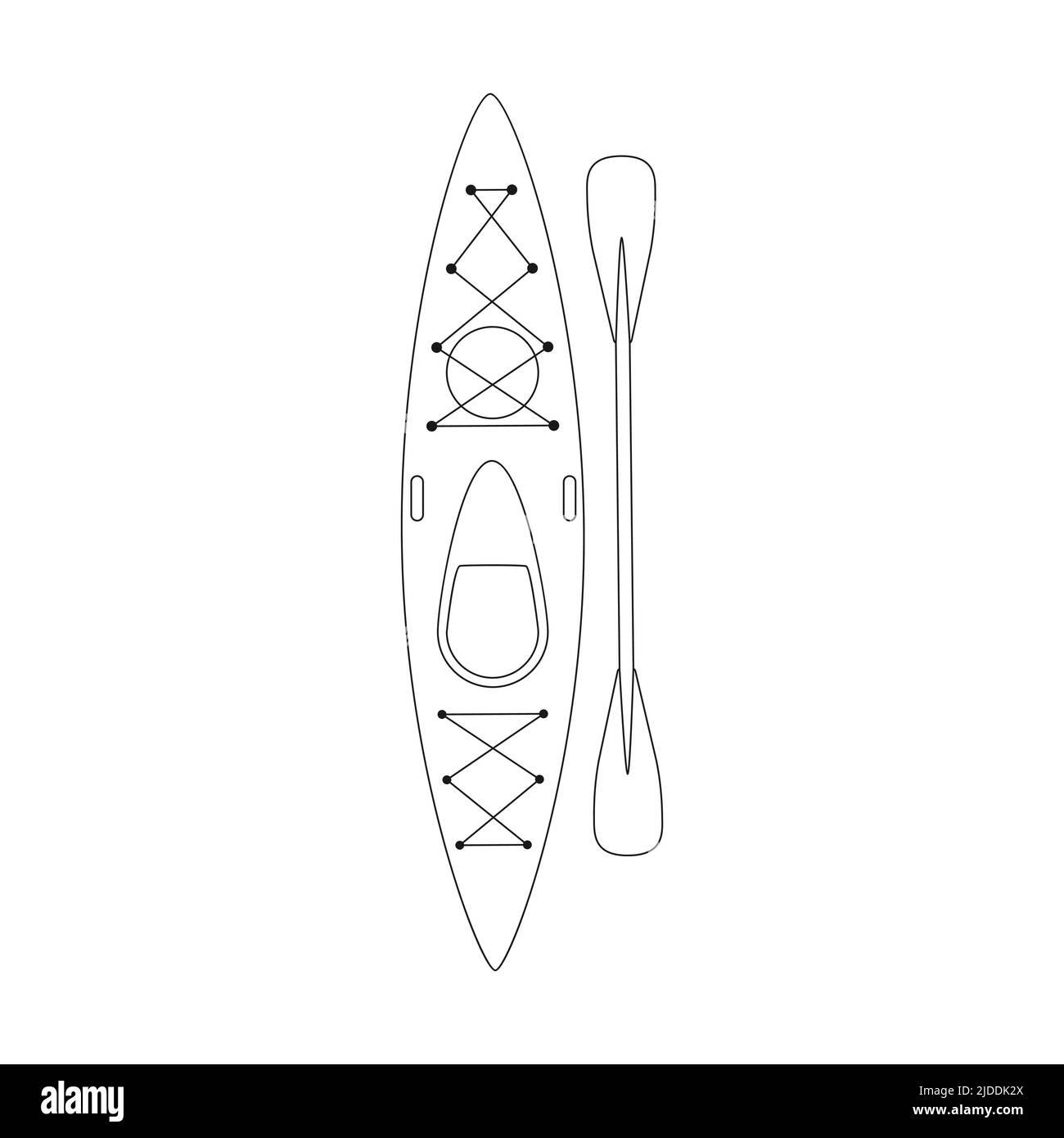 Doodle Kunststoff-Kajak mit einem Paddel. Ruderboot für Angeln, Tourismus, Reisen, aktive Wassersportarten. Draufsicht. Skizzieren Sie Schwarzweiß-Vektorgrafiken Stock Vektor