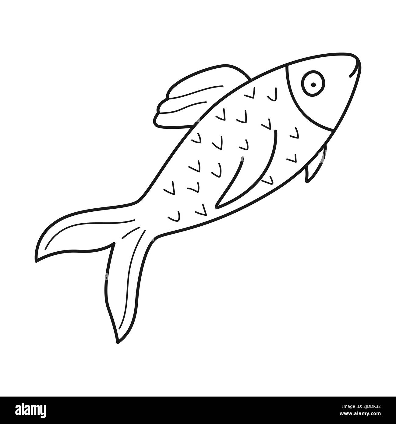 Doodle einfacher abstrakter blauer Fisch. Wassertier. Skizzieren Sie die schwarz-weiße Vektorgrafik isoliert auf einem weißen Hintergrund. Stock Vektor