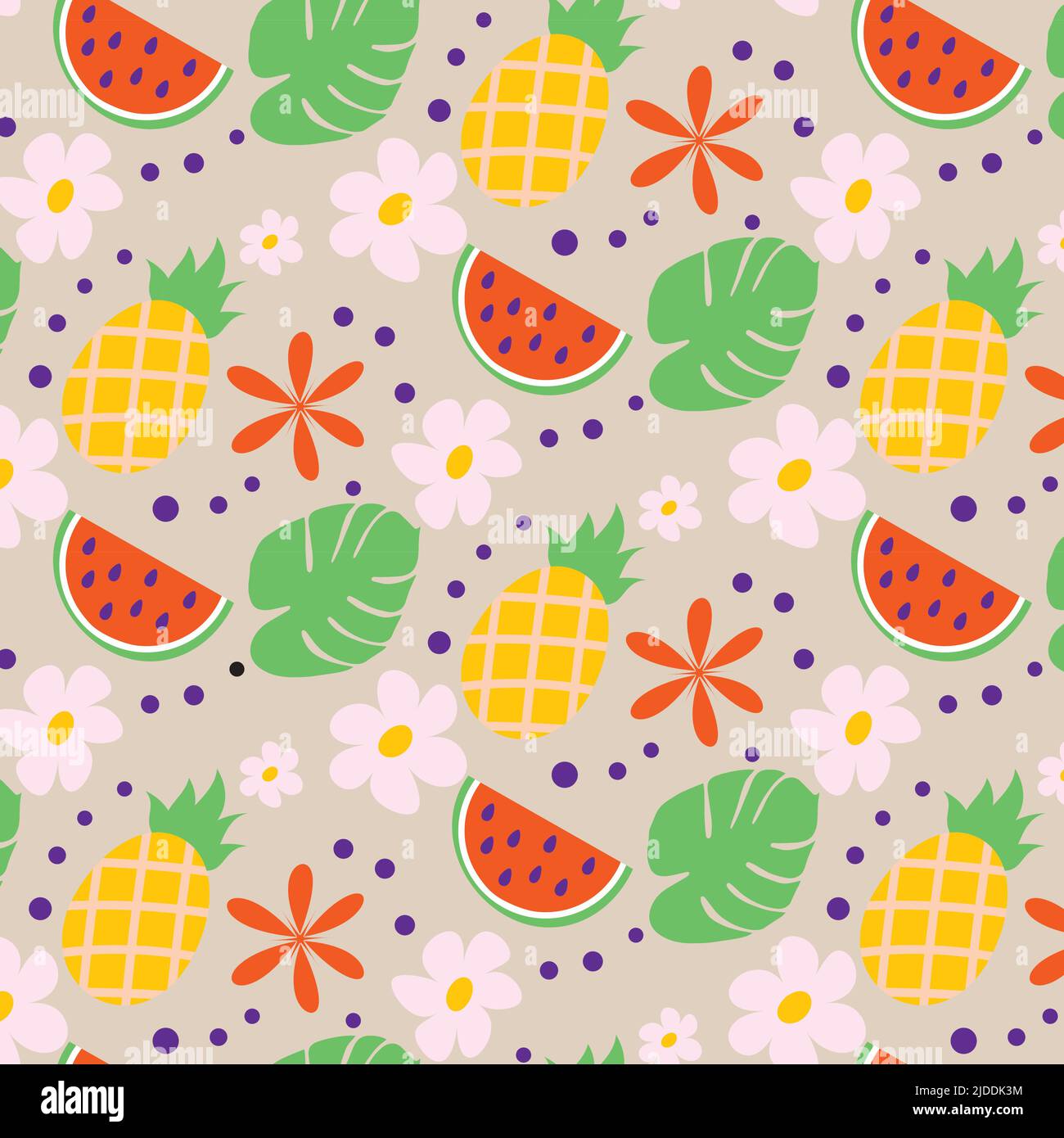 Helles, nahtloses Sommermuster in trendigen Farben mit handgezeichneten Sommerelementen wie Wassermelonenscheibe, Blumen, Ananas, exotischen Blättern. Mode-Druck-Design, Vektor-Illustration Stock Vektor