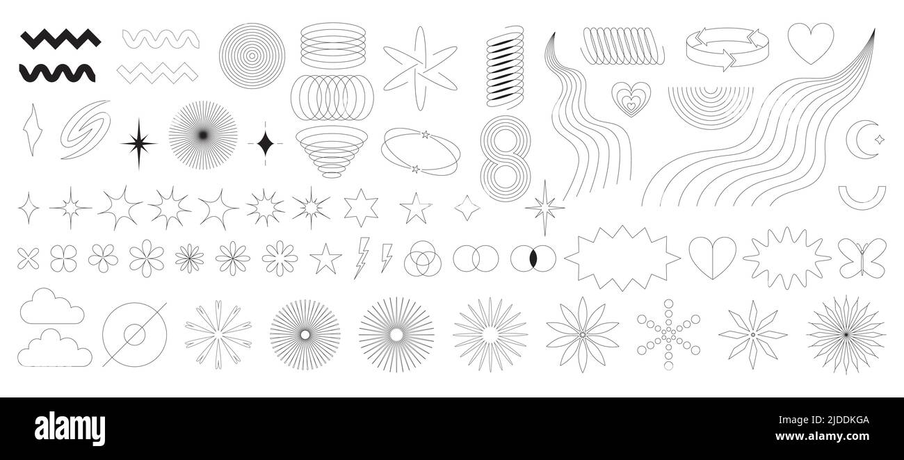 Eine Reihe abstrakter, geometrischer Designelemente im stil von Y2K. Moderne grafische Formen, Sterne, Bling, Glitzer, Silhouetten, brutalismus Formen. Trendiger M Stock Vektor