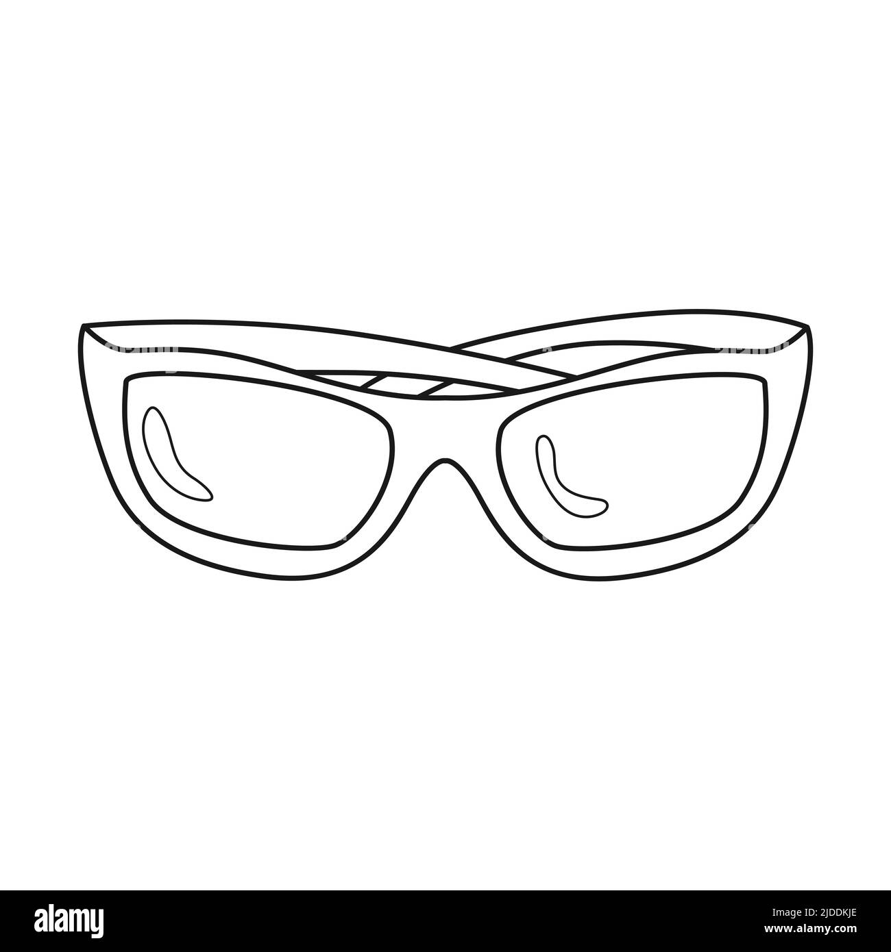 Doodle Sonnenbrille mit gelben Rahmen. Sommerliches persönliches Accessoire. Gefaltete Sonnenbrille. Ausrüstung für Wandern, Tourismus, Reisen. Umriss schwarz-weiß vec Stock Vektor
