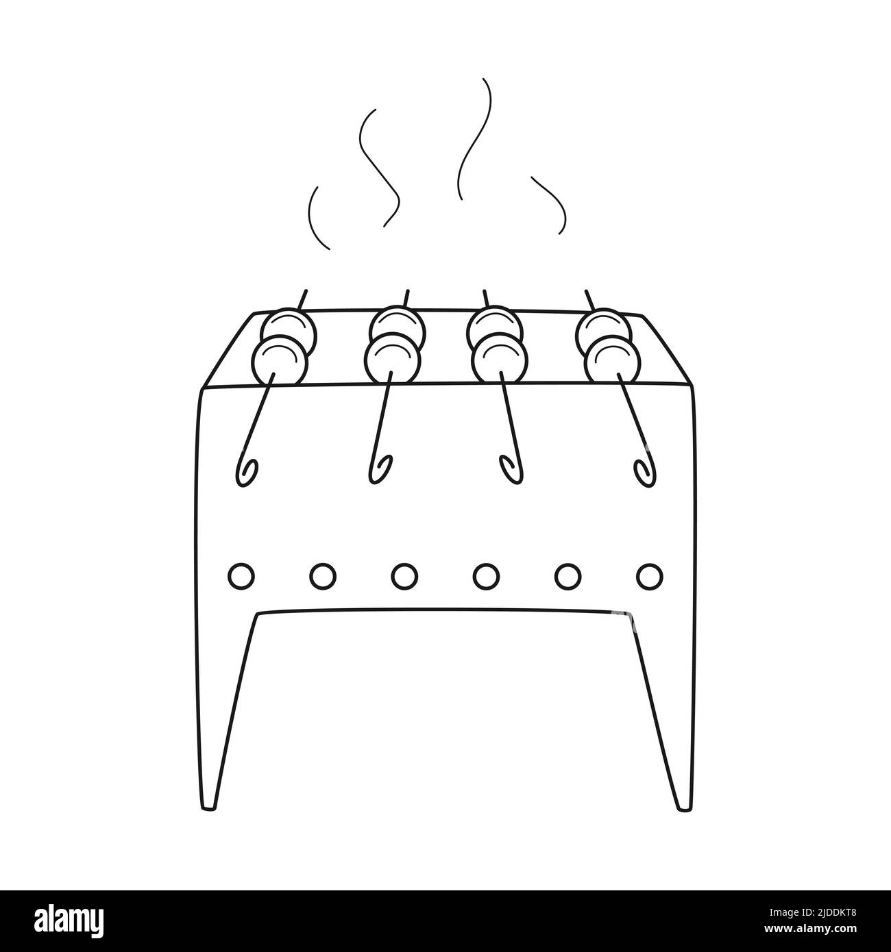 Doodle Barbecue mit Kebabs auf Spieße. Gegrilltes Fleisch auf Kohlen. Essen gekocht bei einem Picknick, Camping, Wandern, Reisen. Kaukasische Küche. Umriss schwarz w Stock Vektor