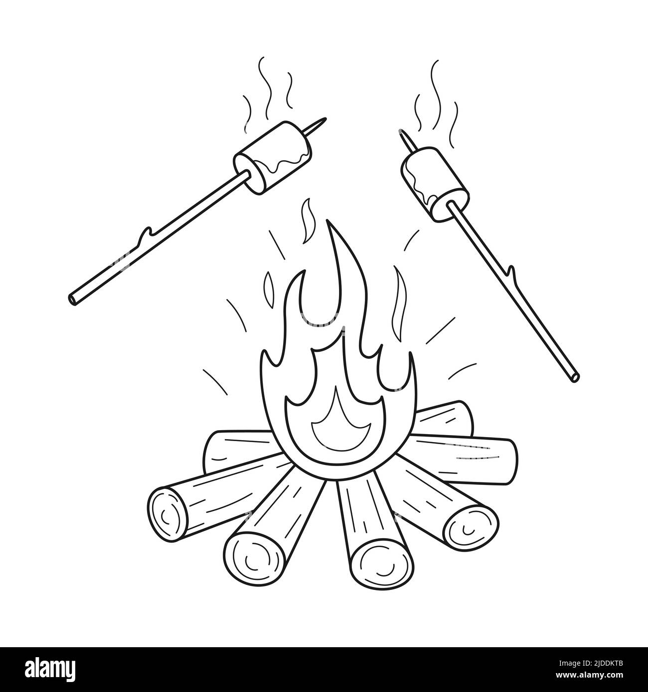Doodle Ein Holz brennendes Lagerfeuer und gebratene Marschwalben auf Stöcken. Picknick, Wandern, Camping, Tourismus. Skizzieren Sie die schwarz-weiße Vektorgrafik isoliert Stock Vektor