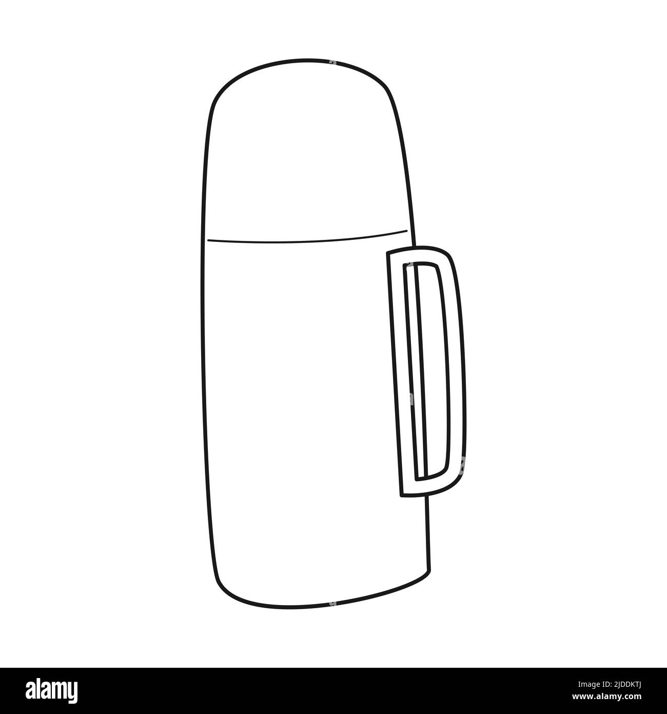 Doodle Thermos. Thermobecher. Ausrüstung für Tourismus, Camping, Reisen, Wandern. Skizzieren Sie die schwarz-weiße Vektorgrafik isoliert auf einem weißen Hintergrund. Stock Vektor