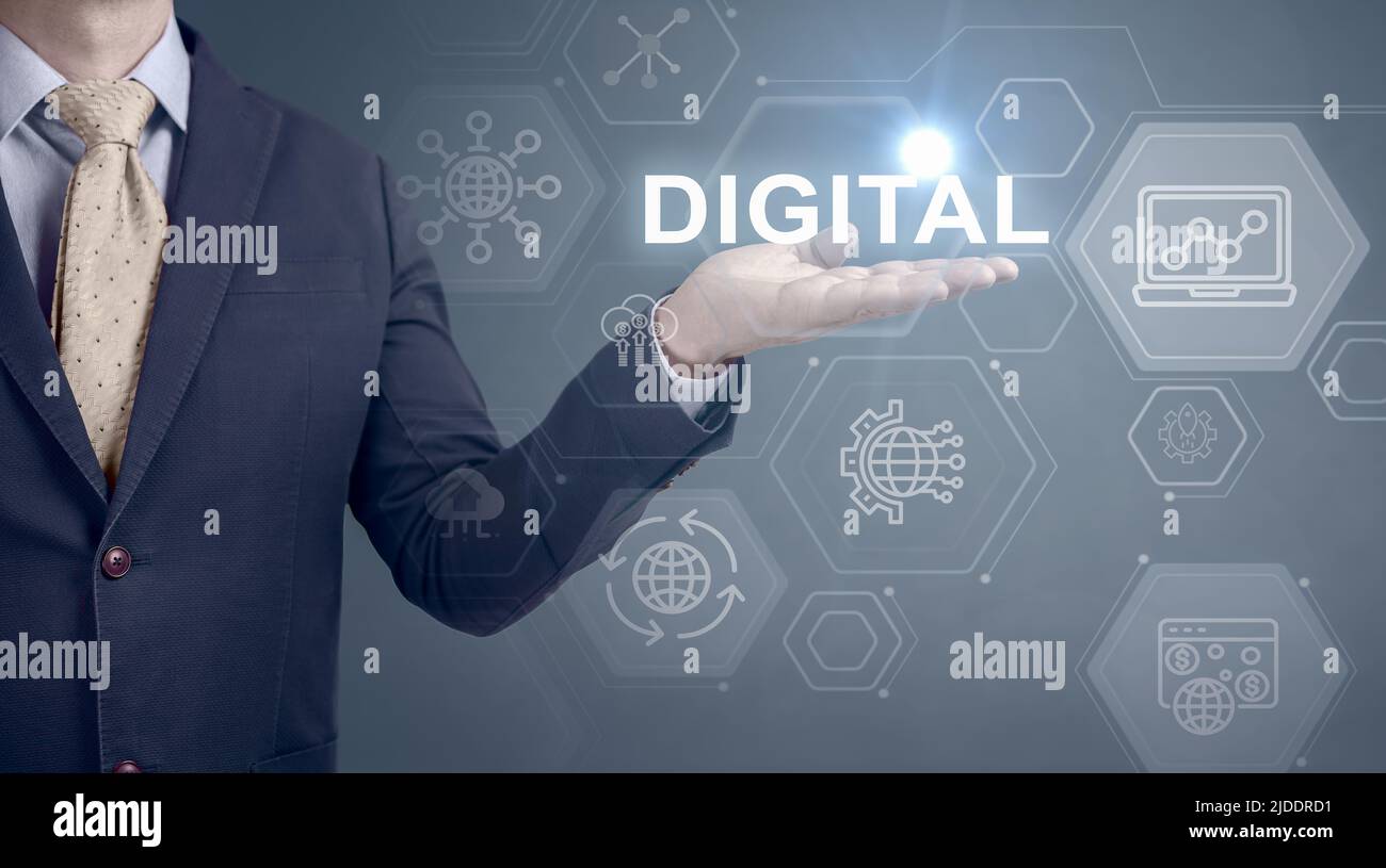 Digitale Transformation Des Unternehmens. Zukunft und Innovation Internet- und Netzwerkkonzept. Technologiehintergrund. Digitale Transformation und Digitalisierung Stockfoto