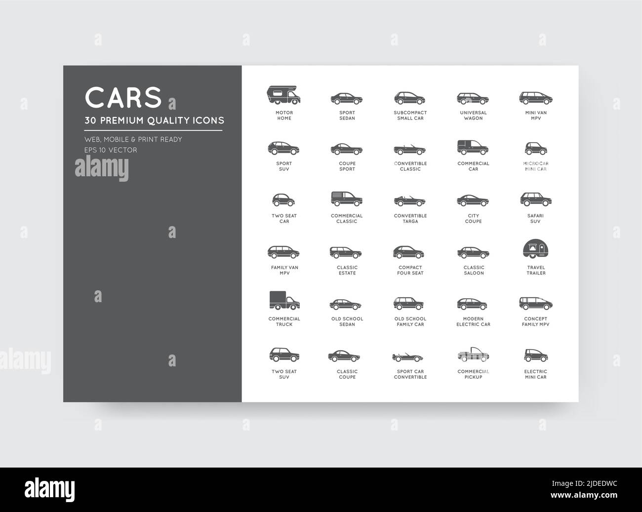 Vector Car Icons mit allen Autotypen und Namen gesetzt Stock Vektor